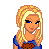 Pixel art contact sheet showing multiple frames of a blonde female character in blue pajamas holding a monkey-themed bag, with text elements "monkey" and "luver" visible.