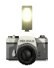 Two side-by-side pixelated camera icons with 'PENTAX' text on the body, one showing a glowing flash and the other an unlit flash.