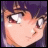 Pixelated anime-style character face with purple hair and light skin, next to stylized text on a black background.