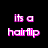 Pixelated image with pink text reading 'its a hairflip' on black background and blonde woman smiling right side.