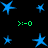 Blue star-shaped icons and green text on a black background, with varying star sizes and positions across the frame.
