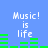 Blue background with white text 'Music! is life' and green audio equalizer bars in four distinct arrangements.