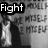 A black-and-white animated sequence showing a person holding a sign with repeated text, with the word "Fight" overlaid in multiple positions across the frames.