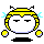 Pixel art character with yellow hair and antennae displays multiple expressions including closed eyes, open mouth, and winking while holding small yellow spheres.
