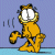 A pixelated Garfield cartoon character in a running pose on the left side of a contact sheet, with green text reading "Original Icons .com" on a dark green background to the right.