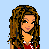 Pixel art of a woman with long brown hair in red top and light blue jeans, shown from multiple angles on light blue background.