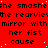 Red background with repeated black text and white speckles, featuring phrases like 'she smashes' and 'mirror with mirror', in a pixelated style.