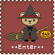 Pixelated witch-bear holding broom and pumpkin, standing on maroon background with stitched border, text reads ++Enter++