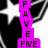 Animated icon with three vertical text on a black-and-white star background; text changes from 'FAVE FIVE CHRIS' to 'MIKE' to 'LUIS JOSH' with corresponding color shifts
