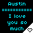 A black background displays cyan text reading "Austin" and "I love you so much" with a white triangular corner containing a heart symbol that changes from solid to outline.