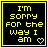 nine identical pixel-art icons with yellow text on black backgrounds, each displaying "I'M SORRY FOR THE WAY I AM" and a heart symbol