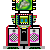 Pixel art robot icon with green screen head, blue eyes, pink speaker grilles, and red side panels on a gray background.