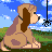 Pixelated dog with long brown ears sits on grass, facing right under blue sky with white clouds and a black spider web hanging from the top-right.