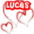 Four red and white pixelated text boxes with heart outlines, displaying variations of 'LUCAS', 'grabeel', and 'HOT!' text.