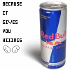 Four identical Red Bull energy drink cans arranged in a , each with text and icons to the left