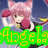 Pixelated anime-style character with pink hair and red mushroom cap, holding a red mushroom, standing on green grass with yellow text 'Angel' below.