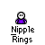 Pixel art icon set with multiple views of a character wearing purple clothing and a white helmet, featuring a central display of two pink nipple rings on a white base with purple trim.