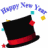 Animated New Year's icon featuring a black top hat with red band, blue 'Happy New Year' text arcs, and scattered confetti in yellow, red, green, and cyan.