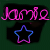 Pixelated icon with pink cursive text 'jamie' above a blue-purple gradient star outline on dark background.