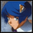 Pixelated anime-style character with blue hair and brown eyes, wearing a white shirt with purple collar, next to black background with white text.