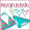 A hand-drawn style icon featuring two bikini bottoms with colorful stripes and a solid turquoise bottom, three outlined hearts, and the word 'Aeropostale' in red script.