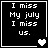 Four black square with white pixelated text reading "I miss My july I miss us." each contains a heart symbol that changes from solid to hollow across the sequence