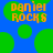 Pixelated orange text 'Daniel Rocks' on blue background with green circles, static image.