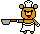 Pixel art bear chef in white apron and hat holding a frying pan with a floating food item, shown in multiple poses.
