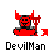 Six red pixelated devil figures with horns and pitchforks on gray background, each labeled 'DevilMan' below.