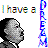 Pixelated image shows a grayscale profile of a person with dark hair and a white collar, alongside colorful text reading 'I have a' above and vertical blue-purple text on the right.
