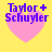 Four identical pixelated heart-shaped icons with purple text 'Taylor + Schuyler' on a yellow background, arranged in a