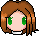Pixel art avatar with brown shoulder-length hair, green eyes, and a white collar, showing sequential eye and mouth expressions
