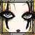 Pixelated anime-style face with large black eyes, white pupils, and a small dark mouth on a light background framed by thin lines.
