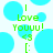 Green text 'I Love Youuu!' with heart symbol and smiley face on white background with cyan circles.