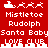 Red background with white pixelated text and icons showing Santa's sleigh, reindeer, names Mistletoe Rudolph, Santa Baby, LOVE CLUB in two identical