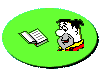 Green oval icon with cartoon character reading book; left view shows red and yellow clothing, right view shows brown and red clothing.