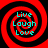 Four identical red and black spiral patterns with cyan text reading Live Laugh Love arranged in a on a solid black background