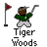 Pixelated cartoon golf icon with two identical frames showing a golfer and text, plus red website branding on gray background.