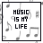 Animated icon with 'MUSIC IS MY LIFE' text and musical notes, showing sequential pixel changes in lettering and note positions across frames.