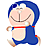 Pixelated character with blue hair and red collar, smiling with closed eyes, wearing blue outfit with red accents, standing against gray background.
