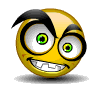 Yellow spherical character with green eyes, black eyebrows, and a wide grin showing teeth; small red dot on cheek; appears in multiple of identical frames