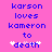 Pixelated text on pink background reads 'karson loves kameron to death' with white sparkles over the word 'death'.