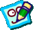 Pixelated cartoon icon of a pencil character with eyes and mouth on a blue background, shown in two animation frames.