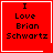 Red square icon with black text reading "I Love Brian Schwartz" and white border; top-right corner has a small white heart symbol.