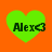 Four identical green heart-shaped icons with black text "Alex<3" on an orange background, arranged in a