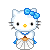 Pixel art Hello Kitty avatar in blue and white, wearing a polka-dot dress with a bow, holding a fan or drum-like object against gray background.