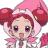 Pixelated anime-style character with pink hair in twin buns, wearing a pink hat and white outfit with pink accents, standing against a gray background.