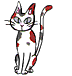 Six cartoon cat poses with white and red fur, gray background, varying expressions and postures including sitting, standing, and curled.