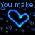 Blue neon heart outlines pulse on a black background with scattered smaller hearts and text reading "You make my heart skip a beat" in cyan.