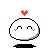 A 4x3 contact sheet of pixel art frames showing a white round character with red blush, black eyes, and a small heart above its head in various poses and expressions against a gray background.